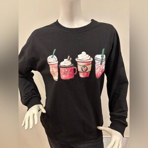 VVNTY Valentine's Day Coffee Pink & Black Heart Graphic Pullover Casual Top, M